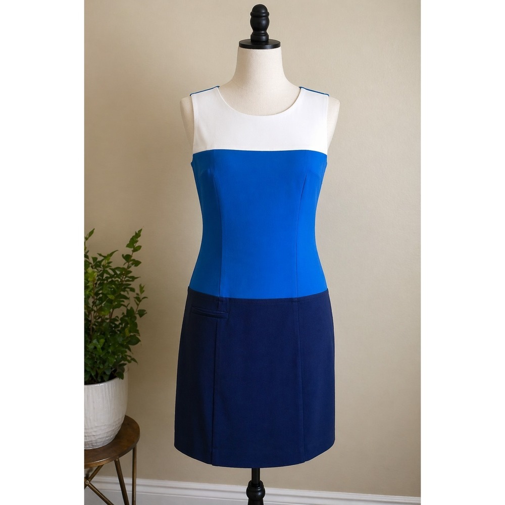 Laundry By Design Dress Womens 8 Blue White Colorblock Sheath Sleeveless Career